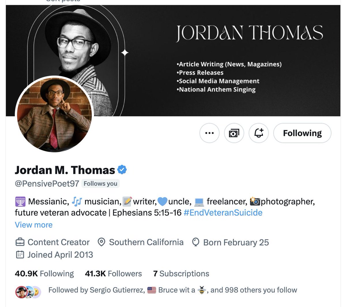 If you guys don't mind, I've been trying to help this young man have more visibility on X for a long time. He has an amazing voice, he fights for Veterans and is just an all around nice guy. <a href="/PensivePoet97/">Jordan M. Thomas</a> Give him a Follow.