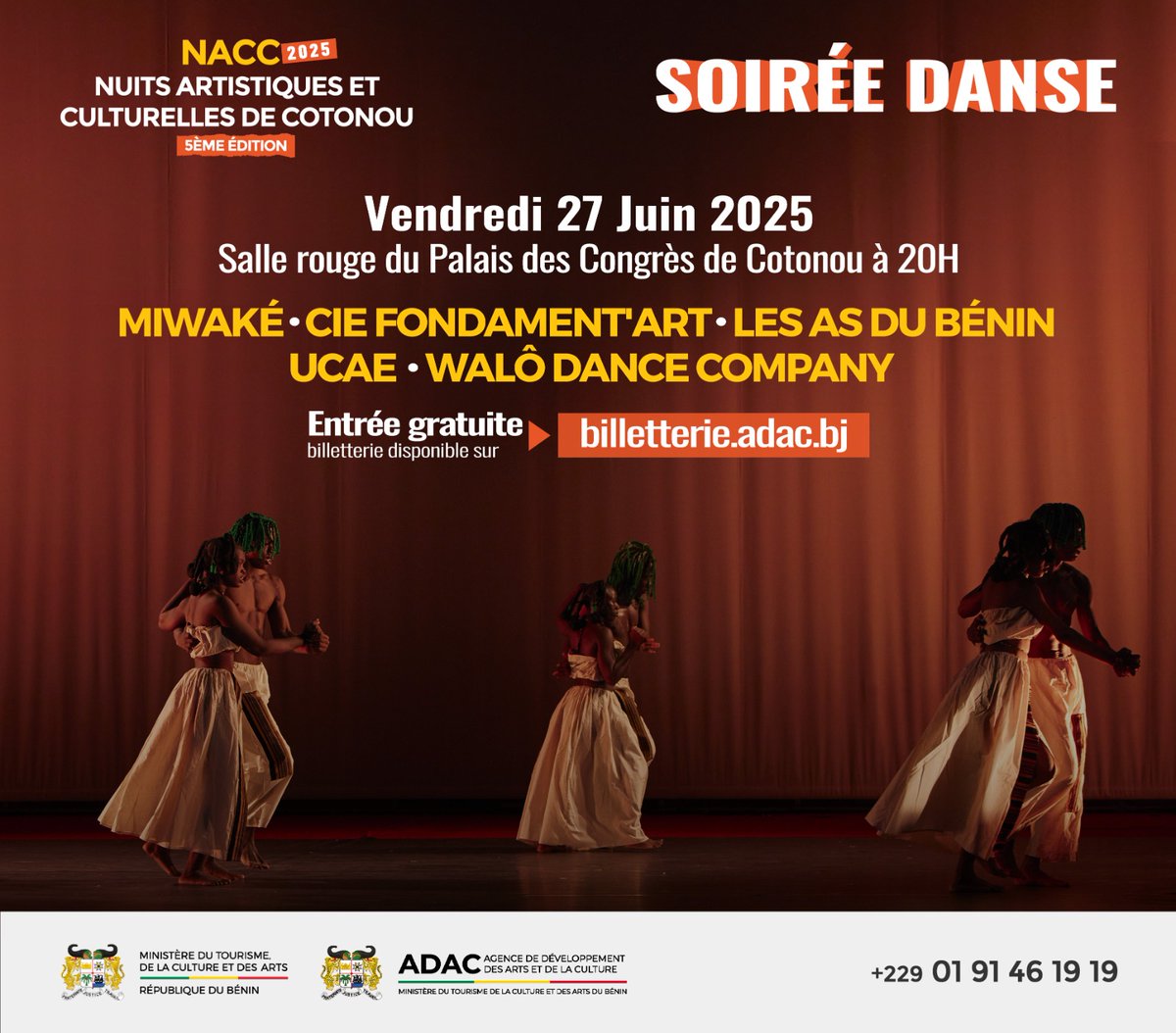 gouvbenin's tweet photo. #Gouvbenin | #Wasexo |
#NACC2025 | #BeninCulture | #SpectacleDeDanse |
Nuits artistiques et culturelles de Cotonou : La 5ème édition s'ouvre le 27 juin 2025 au Palais des Congrès
🌐 Retrouvez l'article intégral sur le site du Gouvernement => https://t.co/YWBrdTS8xI https://t.co/bDTjLwgt9m