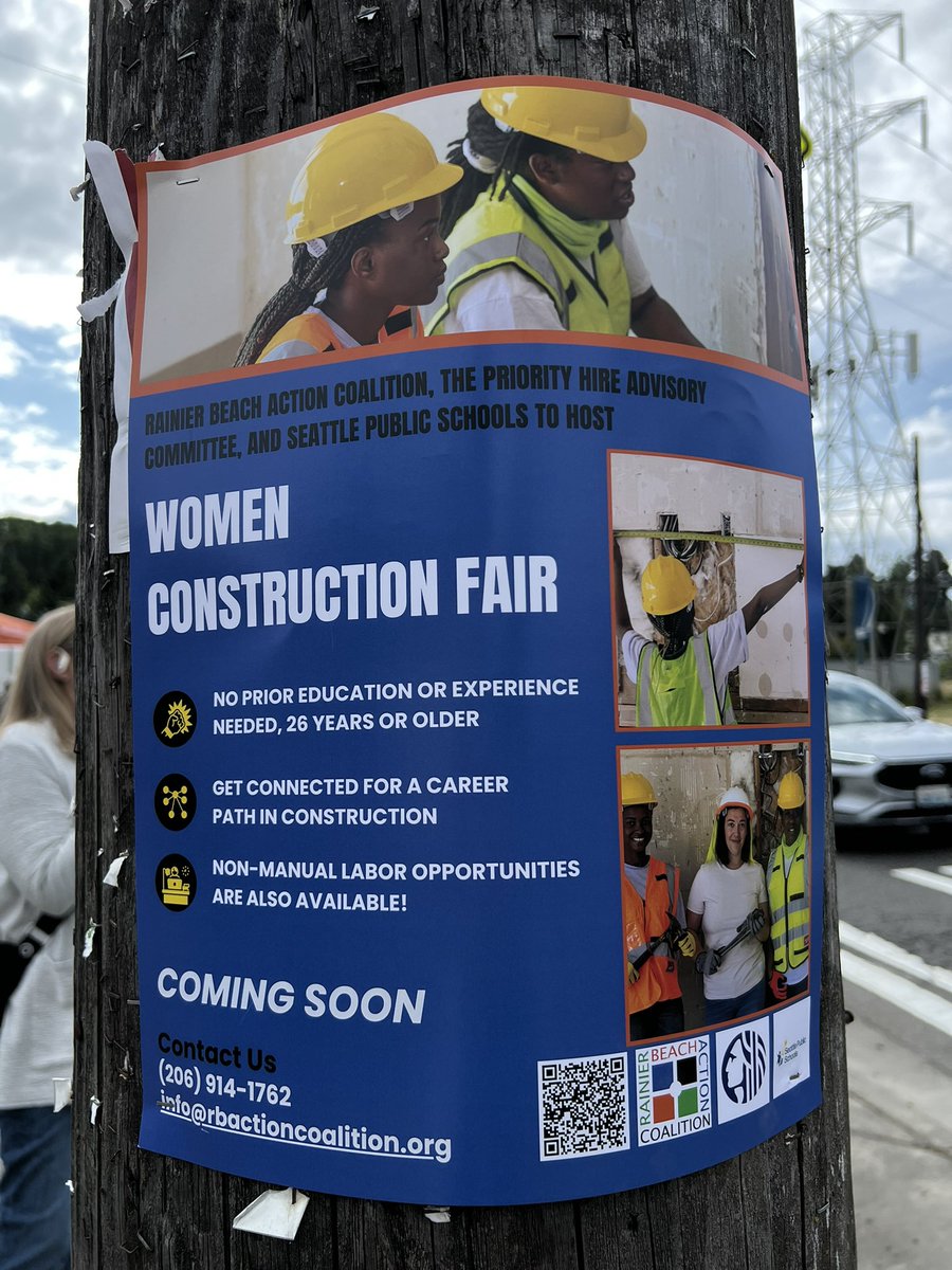 FN_Jana's tweet photo. Here is Isaac @IRobersone putting up posters for the Women Construction Fair, come by our location to learn more about this event and many more! We’re here from 4:30-7:30pm at Henderson St. and Chief Sealth Tr., come stop by! @rainierbeach #rbac #lightrail #chiefsealthtrail https://t.co/LI7SizMQne