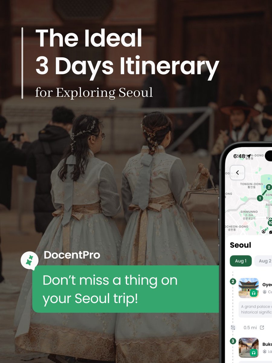 docentpro_sf's tweet image. ✨ Just 3 days in Seoul?
Here’s your perfect AI-planned escape:
📍 Gyeongbokgung, Bukchon, BBQ
📍 Myeongdong, Namsan, night market
📍 Lotte Tower, COEX, hidden cafés
🎧 Audio tours + 💬 AI chat
▶️ link.docentpro.com/k08cyQgBtUb
#SeoulTrip #DocentPro #AITravel #SmartTravel