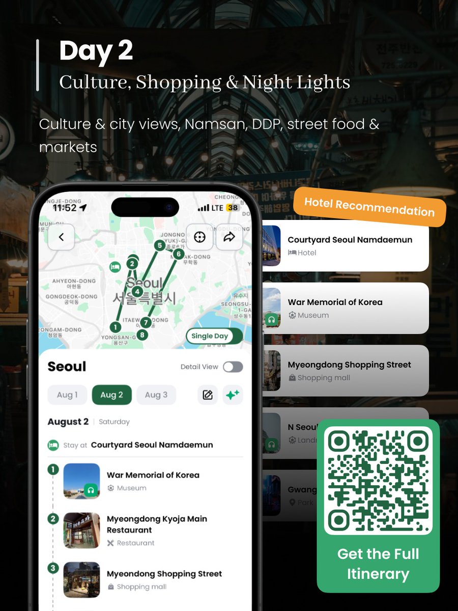 docentpro_sf's tweet image. ✨ Just 3 days in Seoul?
Here’s your perfect AI-planned escape:
📍 Gyeongbokgung, Bukchon, BBQ
📍 Myeongdong, Namsan, night market
📍 Lotte Tower, COEX, hidden cafés
🎧 Audio tours + 💬 AI chat
▶️ link.docentpro.com/k08cyQgBtUb
#SeoulTrip #DocentPro #AITravel #SmartTravel