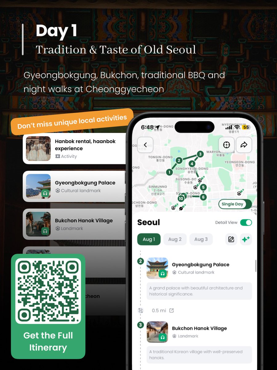 docentpro_sf's tweet image. ✨ Just 3 days in Seoul?
Here’s your perfect AI-planned escape:
📍 Gyeongbokgung, Bukchon, BBQ
📍 Myeongdong, Namsan, night market
📍 Lotte Tower, COEX, hidden cafés
🎧 Audio tours + 💬 AI chat
▶️ link.docentpro.com/k08cyQgBtUb
#SeoulTrip #DocentPro #AITravel #SmartTravel