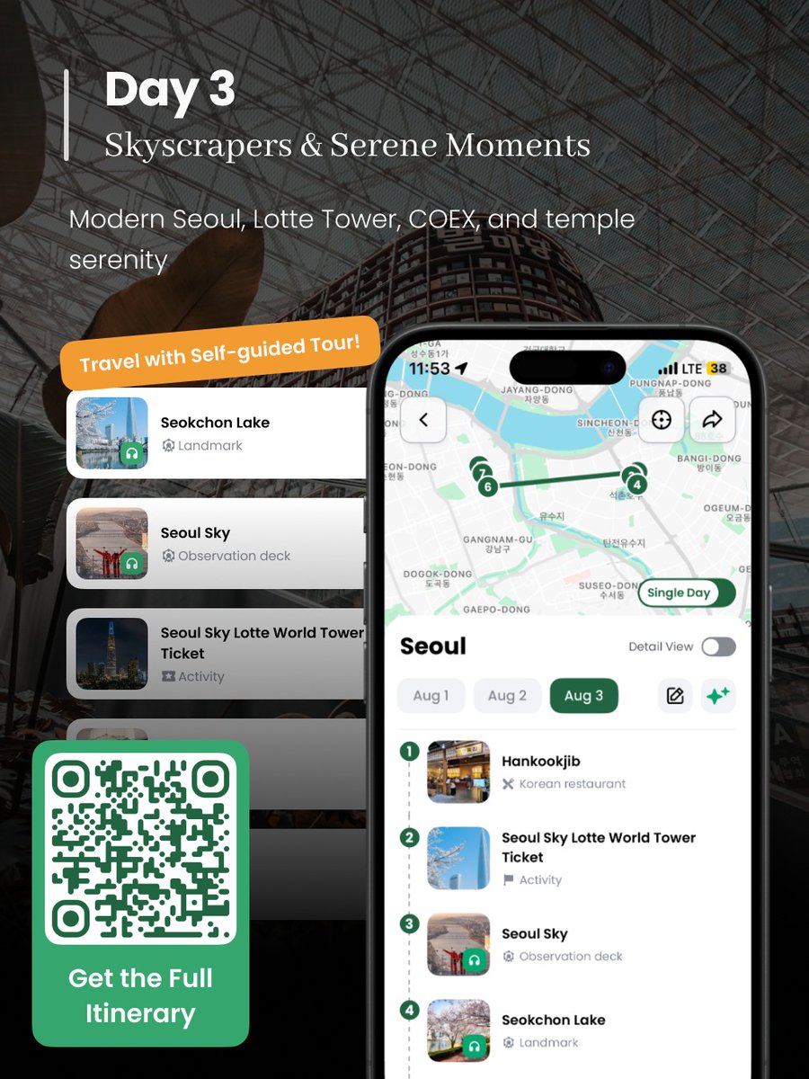 docentpro_sf's tweet image. ✨ Just 3 days in Seoul?
Here’s your perfect AI-planned escape:
📍 Gyeongbokgung, Bukchon, BBQ
📍 Myeongdong, Namsan, night market
📍 Lotte Tower, COEX, hidden cafés
🎧 Audio tours + 💬 AI chat
▶️ link.docentpro.com/k08cyQgBtUb
#SeoulTrip #DocentPro #AITravel #SmartTravel