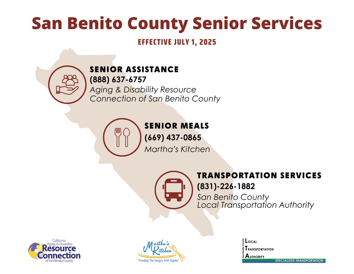 San Benito County Seniors – We’re here for you!
Starting July 1, 2025, new and updated services are available for seniors in our community.
💬 Need assistance?
🍽 Looking for meal support?
🚌 Need a ride?
Call the numbers listed and get connected today!
