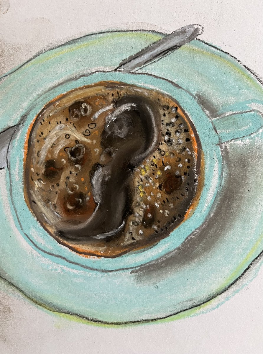 おはようございます。
霧雨を眺めながら朝のコーヒー。なんか落ち着く。

＃パステル画
＃朝のコーヒー