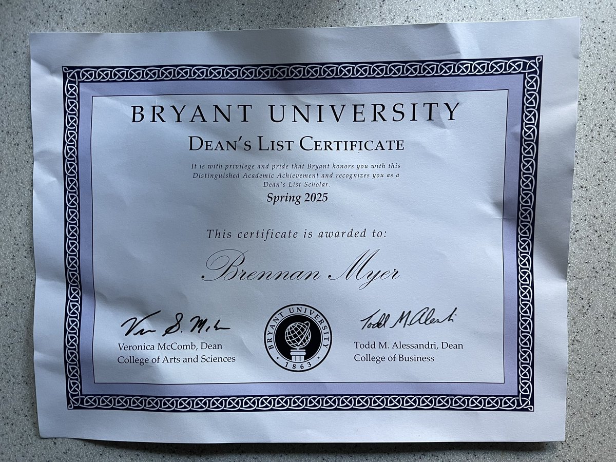 kmyerphoto's tweet image. Well, it got a little wrinkled during transit from Rhode Island but congrats to @brennan_myer on Dean’s List! #STUDENTathlete