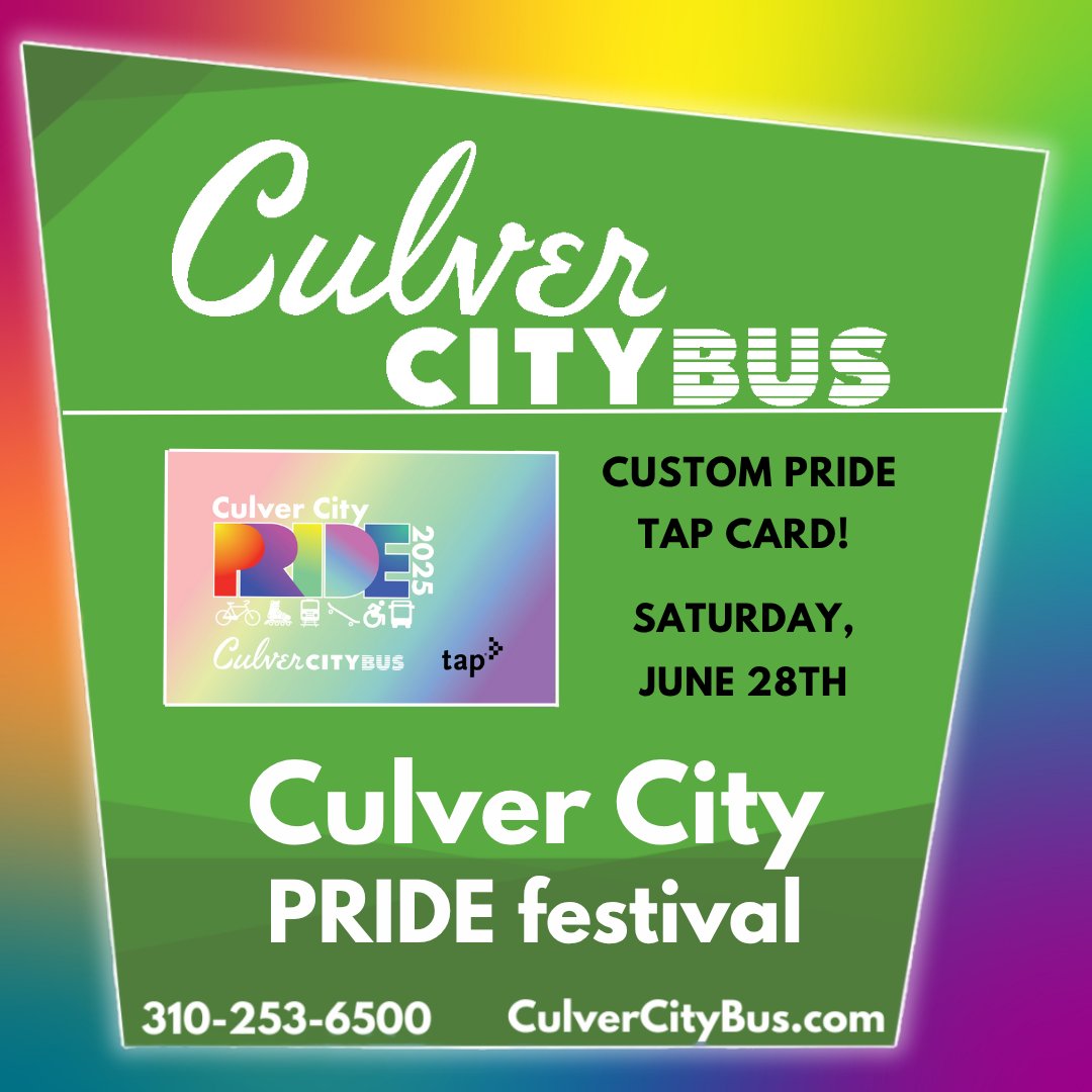 CulverCityBus's tweet image. 🎉 TODAY, celebrate with Culver CityBus at the Culver City Pride Festival! 🌈
📍 Syd Kronenthal Park
🗓️ Sat, June 28
Do not forget to use your Pride TAP card at the event for easy, cash-free travel! 🏳️🌈
🔗Learn more: culvercity.org/Events-directo…
@CulverCityGov @CulverCityPride