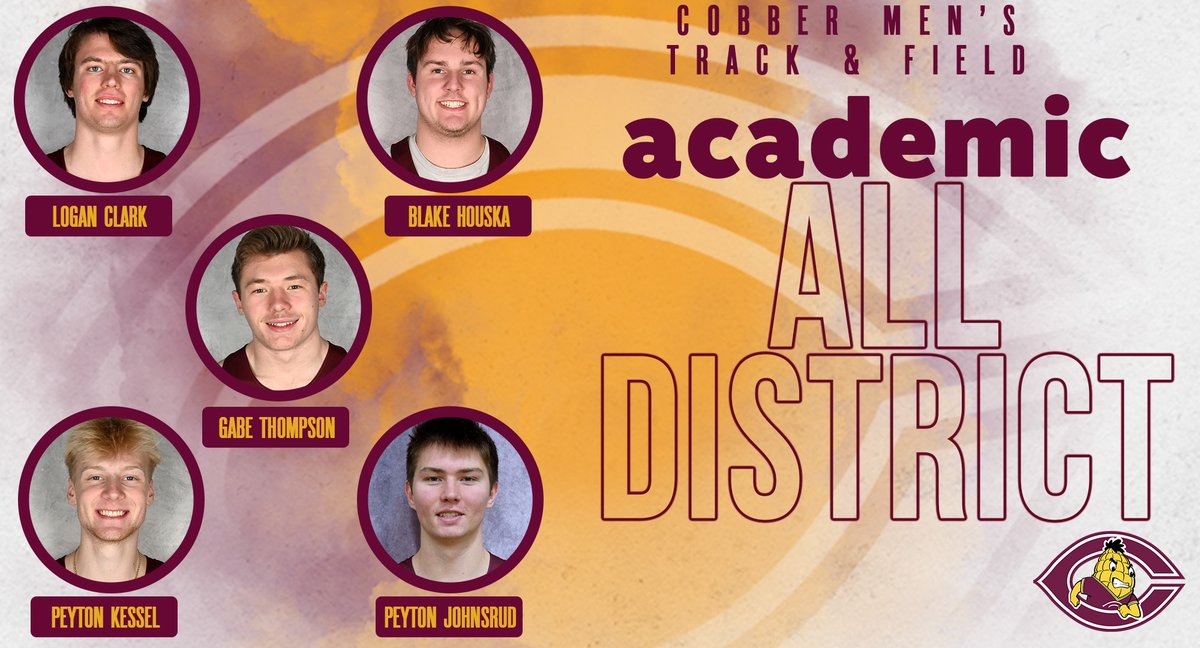 CobberSID's tweet image. 𝗔𝗖𝗔𝗗𝗘𝗠𝗜𝗖 𝗔𝗟𝗟-𝗗𝗜𝗦𝗧𝗥𝗜𝗖𝗧!
CORNGRATS to MT&F student-athletes Logan Clark, Blake Houska, Peyton Johnsrud, Peyton Kessel and Gabe Thompson, who were all named to the CSC Academic All-District Team for track and field.
𝗗𝗘𝗧𝗔𝗜𝗟𝗦: tinyurl.com/8jzk73xc