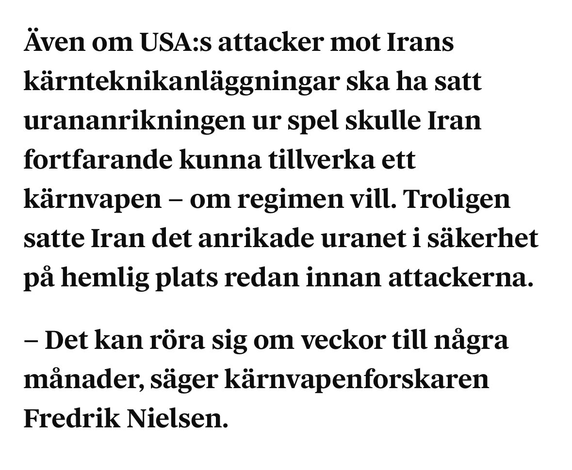 ”Den stora frågan är däremot vad som kan ha hänt med Irans lager på drygt 400 kilo av anrikat uran. Innan attackerna tros Iran ha flyttat stora delar av sitt uranlager till en hemlig anläggning, enligt den läckta rapporten.”
dn.se/varlden/expert…