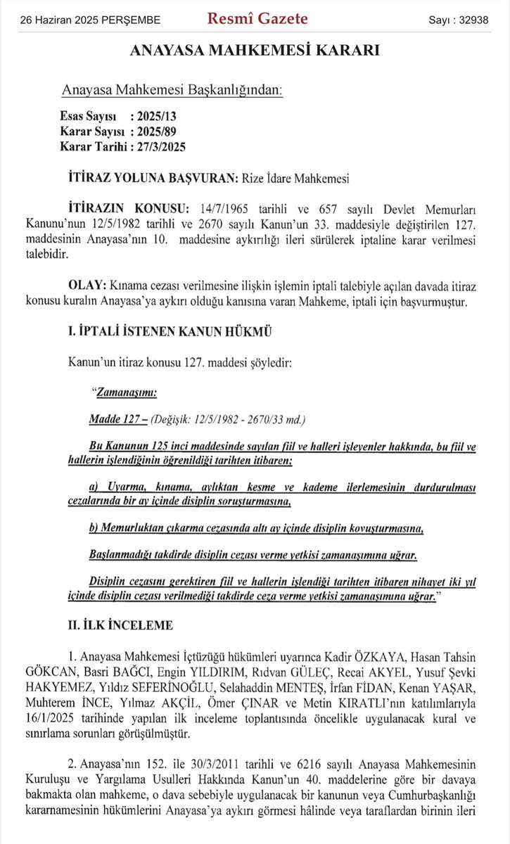 TbbYasa's tweet photo. ❗️AYM'DEN DMK İLE İLGİLİ ÖNEMLİ İPTAL KARARI❗️

Bugün RG'de yayımlanan AYM kararı ile, 657 sayılı Devlet Memurları Kanunu md. 127/2'nin "kınama cezası" yönünden Anayasaya aykırı olduğuna ve iptaline karar verildi.

📌 Yürürlük Tarihi: 26.03.2026

🖌️ Karar: https://t.co/9o9Zyai0n6 https://t.co/89UQHbAXAK