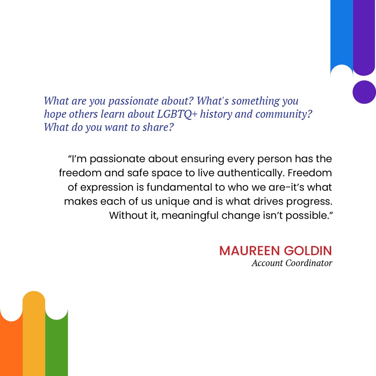 Continuing our #PrideMonth 🌈 celebration, we’re proud to highlight Maureen Goldin, AHEAD Account Coordinator!
 
Maureen opens up about what Pride means to her + her commitment to creating spaces where all feel safe, seen &amp; free to live authentically.
 
#PrideAtAHEAD #LifeAtAHEAD