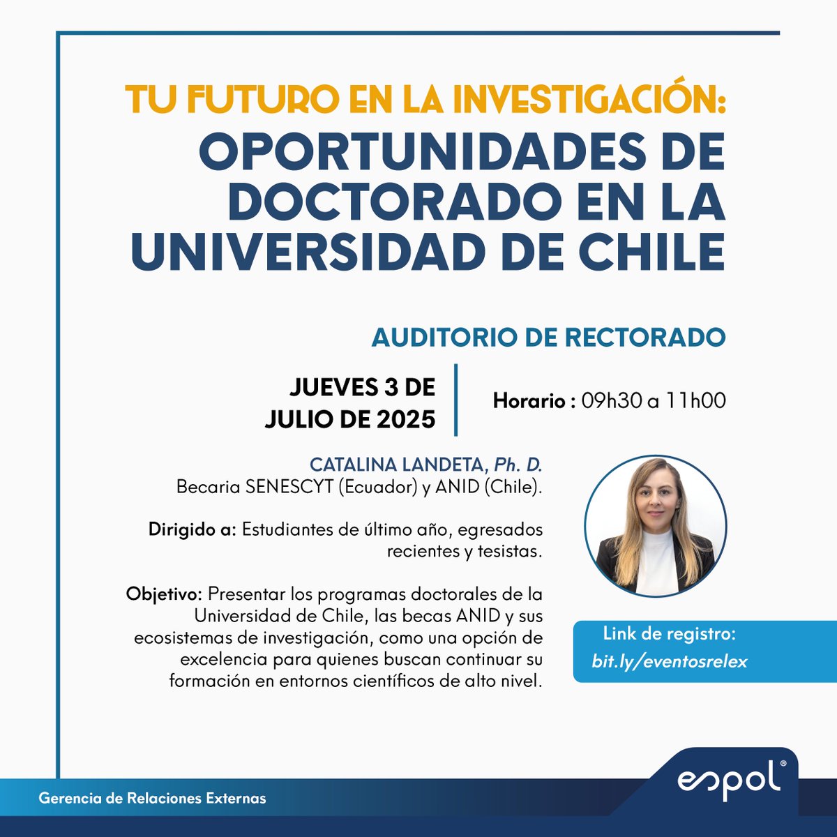 🎓 ¿Te interesa hacer un doctorado en el extranjero?

Participa en la charla “Oportunidades de Doctorado en la Universidad de Chile” 🇨🇱 y conoce sobre becas, programas y ecosistemas de investigación de alto nivel.

🔗 Regístrate aquí: bit.ly/eventosrelex