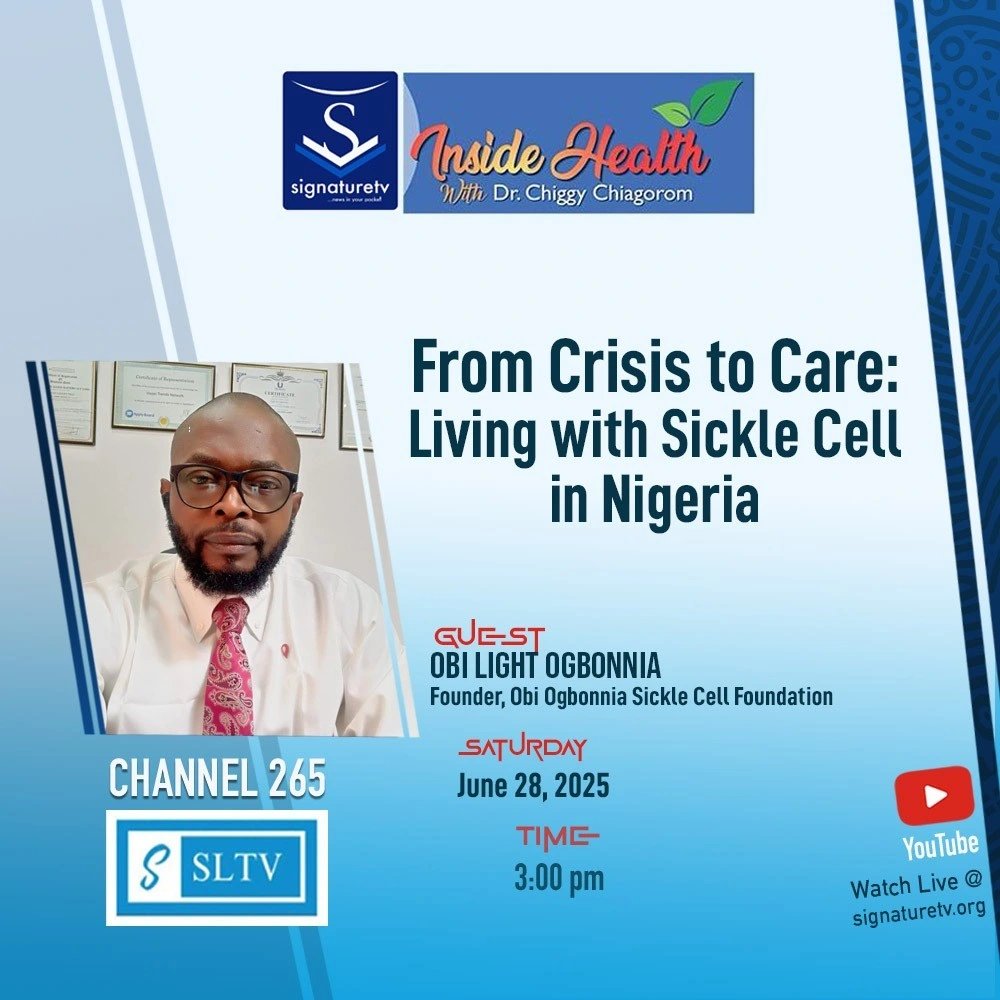 ooscf2024's tweet photo. I’ll be live on Inside Health with Dr. Chiggy Chiagorom this Saturday, June 28 at 3PM (WAT) 🕒

Topic: “From Crisis to Care: Living with Sickle Cell in Nigeria”
📺 Watch on SLTV Channel 265
📲 Or stream on YouTube: Inside Health With Dr. Chiggy Chiagorom

#OOSCF https://t.co/y5EVN6ALEX