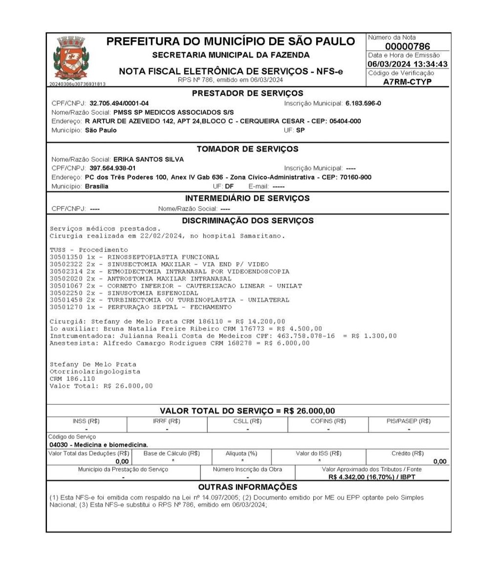 ErikakHilton's tweet photo. Segue a nota fiscal da operação médica, também enviada ao jornalista André Shalders. https://t.co/MVXogkWfoF
