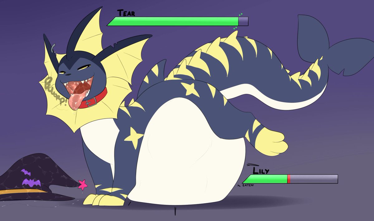 WitchyZor's tweet photo. ...I only just now realized i haven't posted any vore art over here the heck, gonna change that now. 

Gonna show a silly piece I got from @Diorexity of Lily being stolen by a friend of mine,, They... won't ever learn to be cautious around water-types,, https://t.co/TPLxX8BkxR