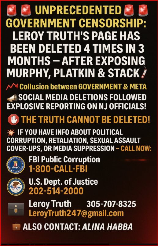 Massive story happening in Hudson County.

The Hudson County Democrat machine is using their political and governmental power to censor an investigative journalist.

Keep in mind that the CORRUPT Hudson County machine never gave any arguments that Leroy Truth is wrong.

Censorhip