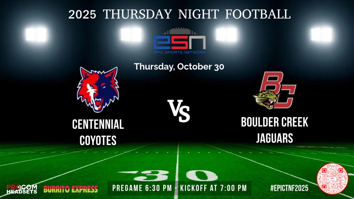 We've added a banger to the #EpicTNF2025 Schedule! Join us on Thursday, October 30th as the defending 6A State Champion <a href="/Cehsfootball/">Centennial Coyotes Football</a> Coyotes travel to battle <a href="/BCJagsFootball/">BCJags</a>! We're LIVE from Anthem at 6:30pm for Pregame and Kickoff is at 7pm! 🏜️🏈🔥