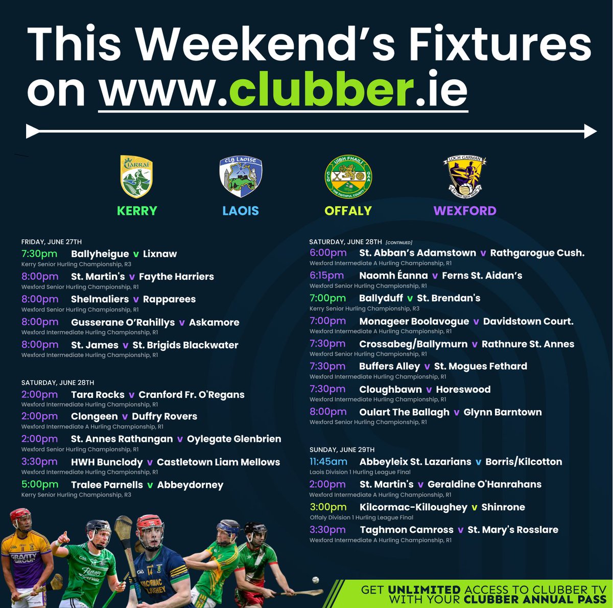 📌 Updated Weekend Fixture List 📌

Two more games added to this bumper weekend 👇🆕

1⃣ Offaly Division 1 Hurling League Final
2⃣ Laois Division 1 Hurling League Final

Catch all the action only on clubber.ie 🔗