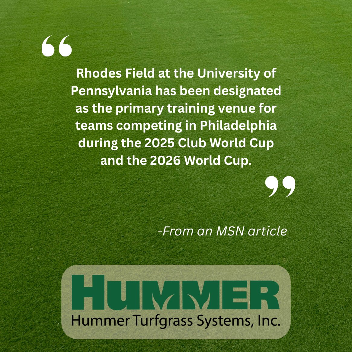HummerTurfgrass's tweet image. Rhodes Field, built by our team, will be the central training ground in Philadelphia during two of the biggest events coming to the city in 2025 and 2026.