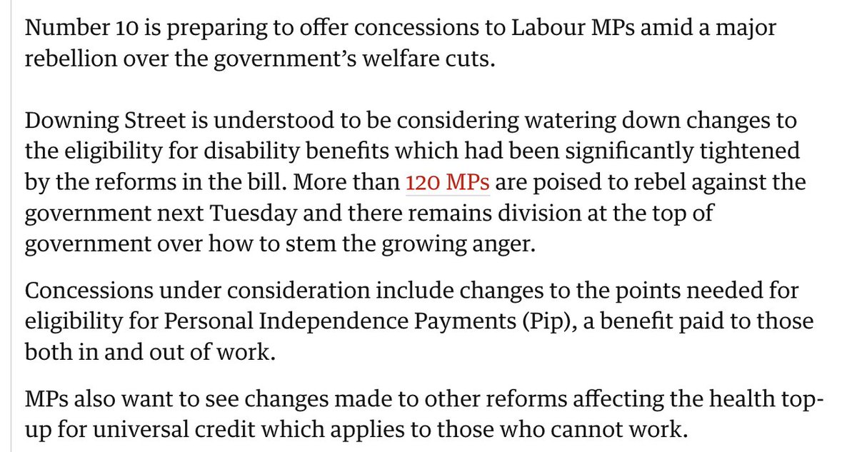 Jessica Elgot (@jessicaelgot) on Twitter photo <a href="/kiranstacey/">Kiran Stacey</a> <a href="/PippaCrerar/">Pippa Crerar</a> Our story tonight amid splits at the top of government over how to handle the welfare rebellion.
“There is a camp for pulling it, a camp for concession and a small but insane camp for ploughing on," says one source.
theguardian.com/politics/2025/… <a href="/kiranstacey/">Kiran Stacey</a> <a href="/PippaCrerar/">Pippa Crerar</a> Our story tonight amid splits at the top of government over how to handle the welfare rebellion.
“There is a camp for pulling it, a camp for concession and a small but insane camp for ploughing on," says one source.
theguardian.com/politics/2025/…