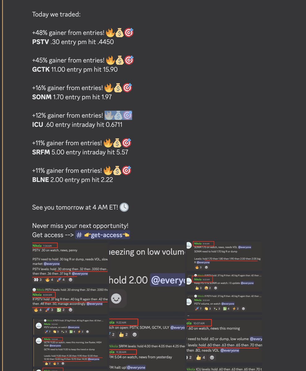 RECAP OF WEDNESDAY JUN 25  

Another good session written in the book! 🔥💰🎯

See you on tomorrow at 4 AM ET! 🕓

Join our Discord: discord.gg/YYhupxm3qa 

Today we traded:  

+48% gainer from entries! 🔥💰🎯
$PSTV .30 entry pm hit .4450  

+45% gainer from entries! 🔥💰🎯