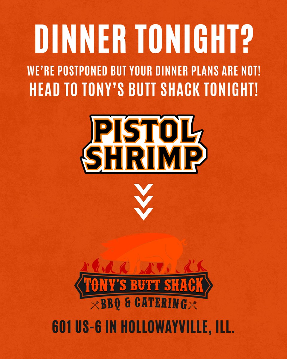 Just because tonight's game is cancelled doesn't mean your dinner plans are!

Tony's Butt Shack BBQ &amp; Catering is ready to serve you in Hallowayville all the delicous BBQ that was prepared for the game! 🍖