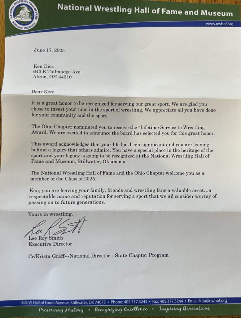What an honor for Ken!!! Many years of service to the sport! Thank you to the National Wrestling Hall of Fame and Museum for this recognition! 🤼