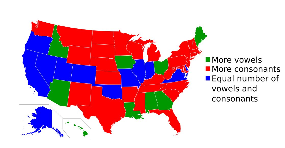 US States based on whether their name has more consonants or more vowels