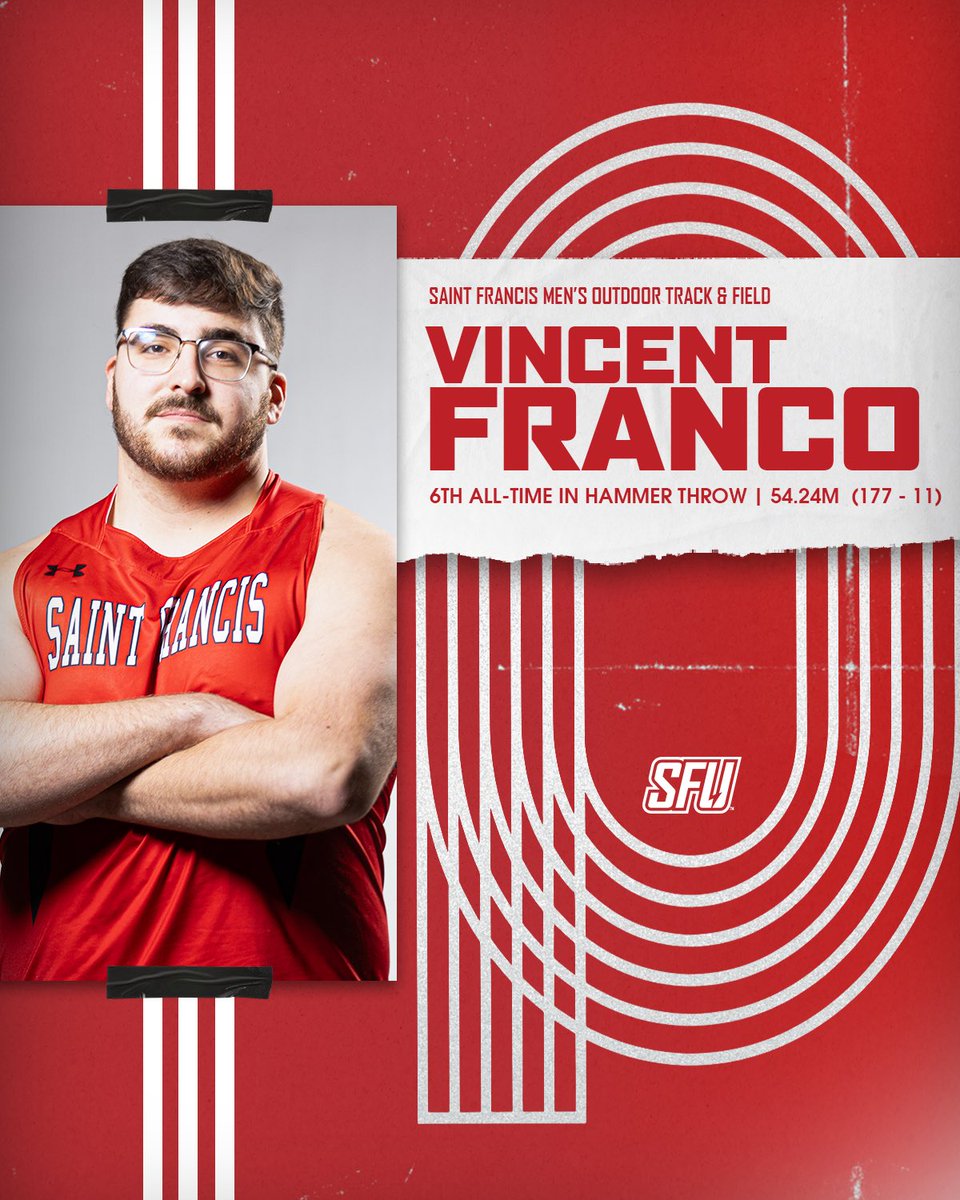 During the 2025 outdoor track &amp; field season, junior Vinny Franco posted a top-ten all-time performance for Saint Francis University.  At the Susquehanna Jim Taylor Duals, he threw the hammer a PR of 54.24m (177’ 11”) … 6th all-time for SFU in this event. <a href="/Vincent88218278/">Vincent Franco</a>