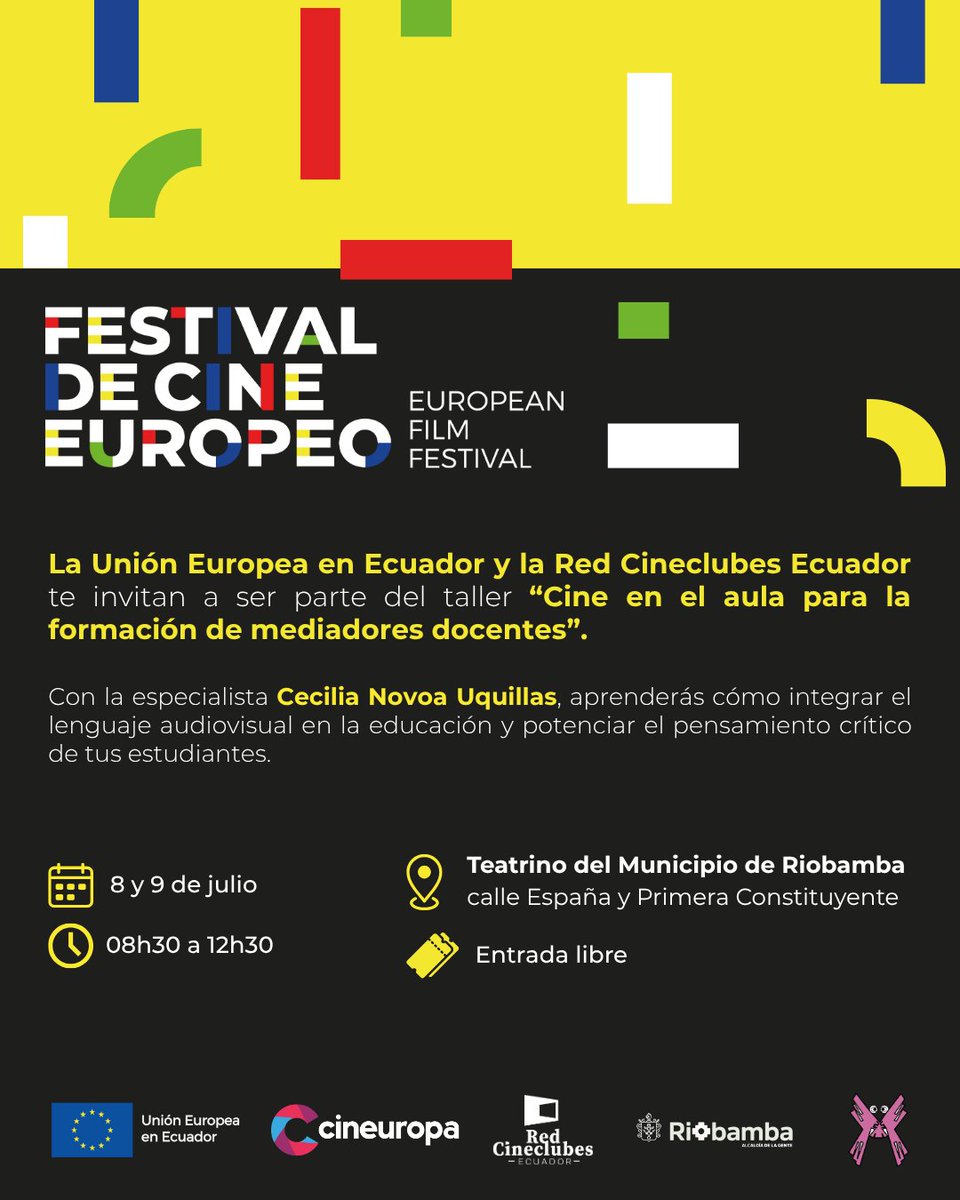 La Unión Europea en Ecuador y la Red Cineclubes Ecuador te invitan a “Cine en el aula para la formación de mediadores docentes”, un taller gratuito y certificado dirigido a docentes, bibliotecarios y mediadores culturales.

📍 Esta capacitación se desarrollará en el Teatrino del