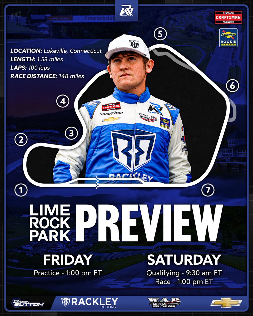 Rackley W.A.R. (@rackley_war) on Twitter photo The first road course of the season for the NASCAR Craftsman Truck Series is coming up this Saturday afternoon <a href="/limerockpark/">Lime Rock Park</a>! Here’s all of the information to get you ready for the weekend ☀️
<a href="/dawsonsutton_/">Dawson Sutton</a> I <a href="/TeamChevy/">Chevrolet Motorsports</a> The first road course of the season for the NASCAR Craftsman Truck Series is coming up this Saturday afternoon <a href="/limerockpark/">Lime Rock Park</a>! Here’s all of the information to get you ready for the weekend ☀️
<a href="/dawsonsutton_/">Dawson Sutton</a> I <a href="/TeamChevy/">Chevrolet Motorsports</a>