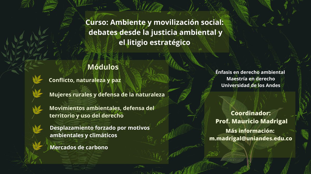 Mauricio Madrigal 🌿 (@mmadrigalp) on Twitter photo Les invito a inscribirse a nuestro curso sobre justicia ambiental y litigio estratégico del énfasis en derecho ambiental de la <a href="/MaesDerechoInve/">Maestría en Derecho - Uniandes</a> <a href="/UniandesDerecho/">UniandesDerecho</a>
Los temas están maravillosos ⬇️⬇️
Info 📧
m.madrigal@uniandes.edu.co
maestriaderecho@uniandes.edu.co Les invito a inscribirse a nuestro curso sobre justicia ambiental y litigio estratégico del énfasis en derecho ambiental de la <a href="/MaesDerechoInve/">Maestría en Derecho - Uniandes</a> <a href="/UniandesDerecho/">UniandesDerecho</a>
Los temas están maravillosos ⬇️⬇️
Info 📧
m.madrigal@uniandes.edu.co
maestriaderecho@uniandes.edu.co