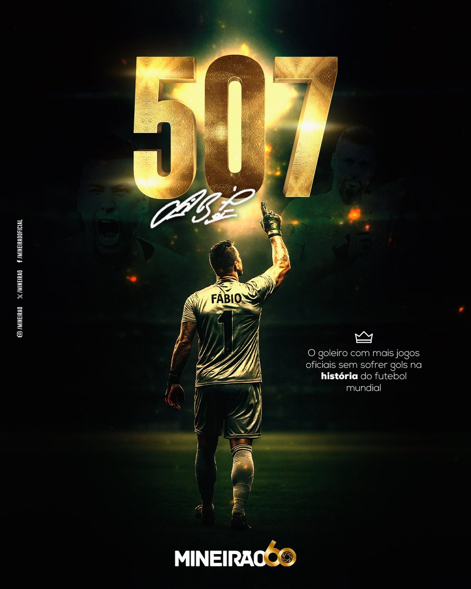 Mineirao's tweet photo. PAREDÃO HISTÓRICO! 🧤

Fábio chega a 5️⃣0️⃣7️⃣ jogos sem sofrer gol e se torna o goleiro menos vazado da história do futebol mundial, o recorde era do italiano Buffon com 506 partidas.

Parabéns, arqueiro! 👏👏 https://t.co/YZMx5rgUaE