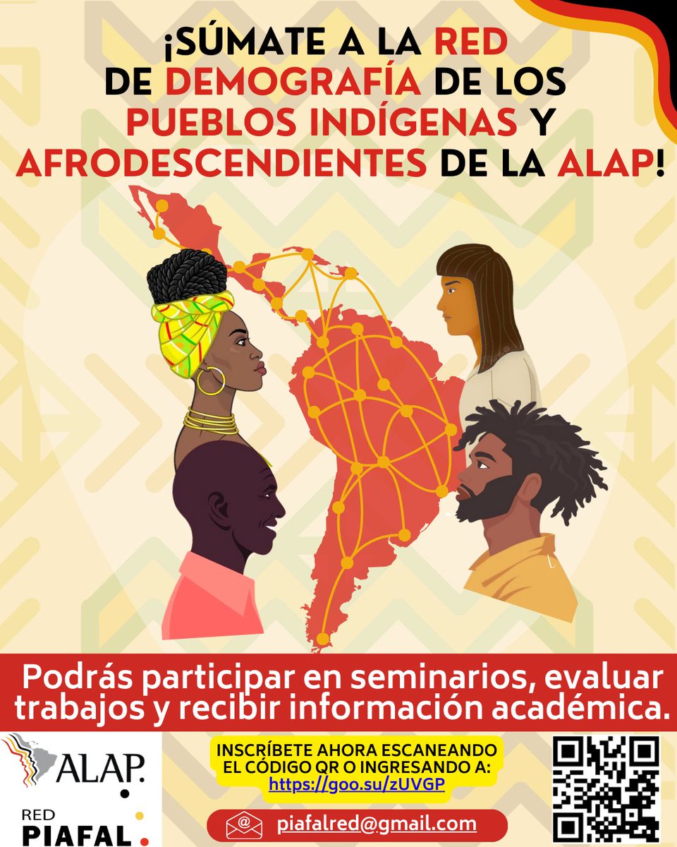 Asociación Latinoamericana de Población (@alap_la) on Twitter photo 📣 ¡Súmate a la #RedPIAFAL de la #ALAP!
Investiga y difunde sobre pueblos indígenas y afrodescendientes en ALyC 🌎
🗣️ Participa en seminarios, evalúa trabajos y más.
📝 Inscríbete 👉 goo.su/zUVGP
📩 piafalred@gmail.com
#DemografíaÉtnica #PueblosÉtnicos #LATAM #Caribe 📣 ¡Súmate a la #RedPIAFAL de la #ALAP!
Investiga y difunde sobre pueblos indígenas y afrodescendientes en ALyC 🌎
🗣️ Participa en seminarios, evalúa trabajos y más.
📝 Inscríbete 👉 goo.su/zUVGP
📩 piafalred@gmail.com
#DemografíaÉtnica #PueblosÉtnicos #LATAM #Caribe