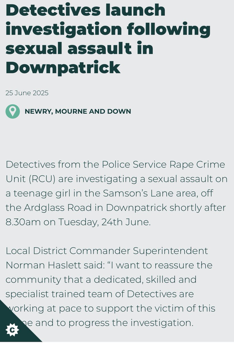 conor_galbraith's tweet image. Shocking to hear reports of a young girl being sexually assaulted. Hope this young girl and the family have all the support they need to get through this awful time. If anyone can provide any information please contact PSNI on 101