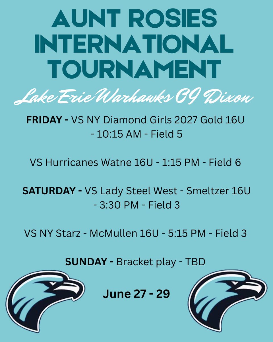 The Warhawks will be heading up to Aunt Rosie’s in Buffalo this weekend! I can’t wait to play some more good softball and make more memories with my girls!! 💙🩵<a href="/Warhawks09Dixon/">Warhawks ‘09 - Dixon</a>