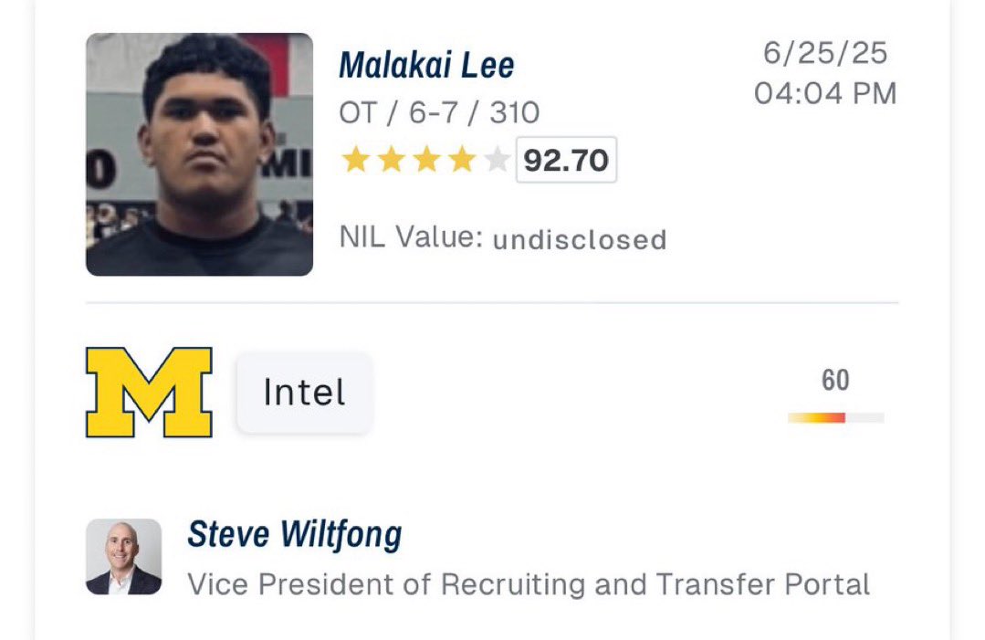 WolverineSource's tweet image. ICYMI: 2026 Four-Star OT Malakai Lee has been predicted to Michigan by On3’s Steve Wiltfong #GoBlue