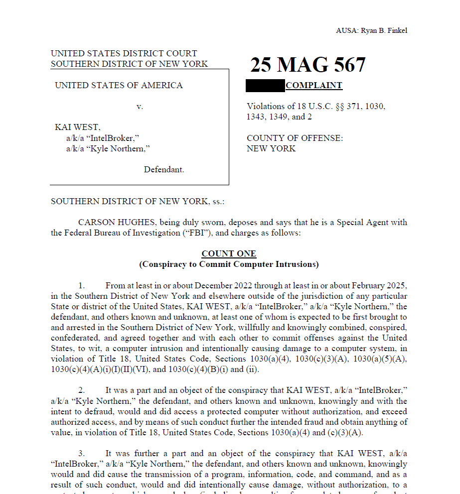 📄UNITED STATES OF AMERICA v. KAI WEST,  a/k/a “IntelBroker,”  a/k/a “Kyle Northern,” Defendant.

darkwebinformer.com/content/files/…