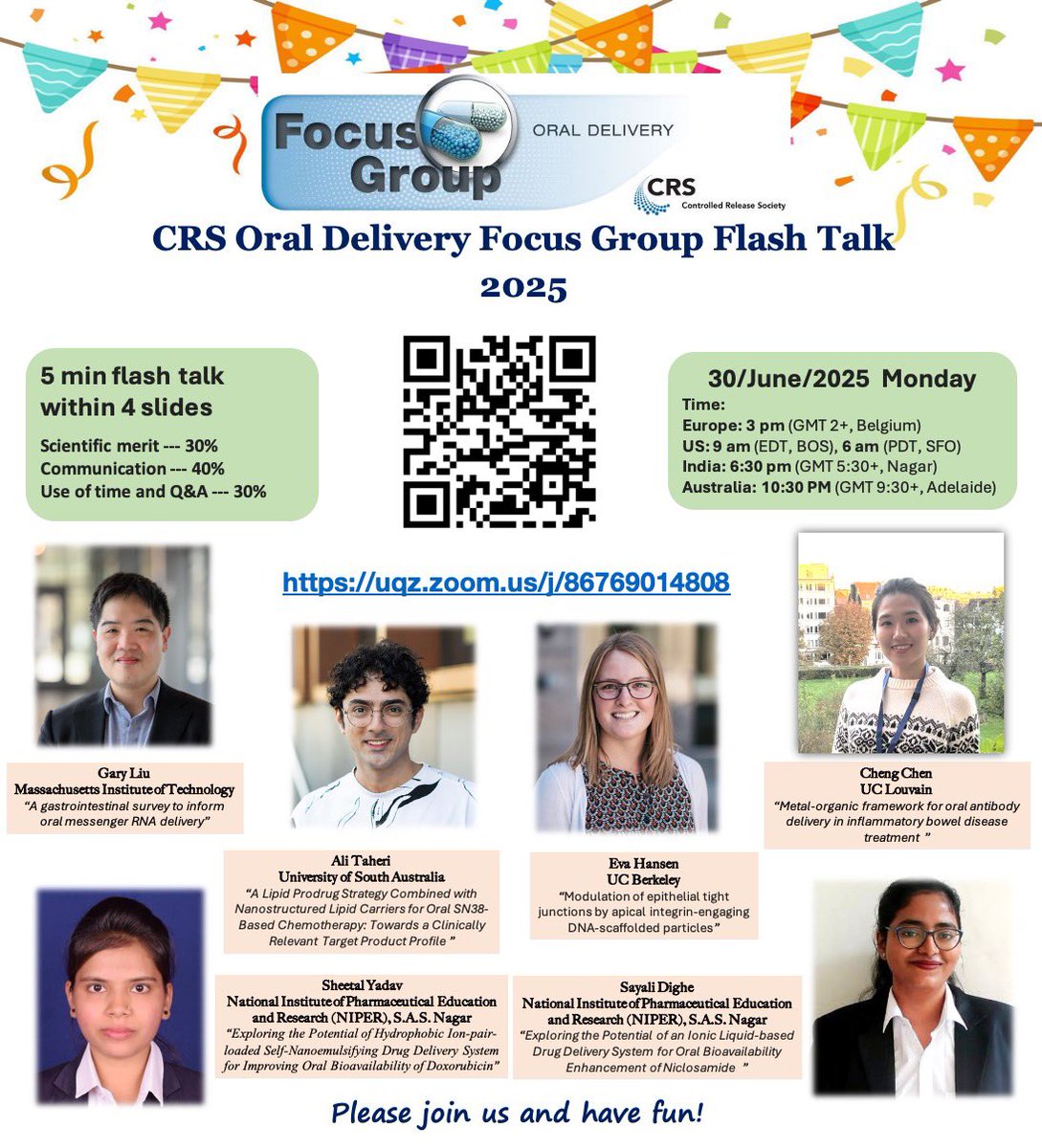 Hao Song (@haosong15) on Twitter photo Another year of <a href="/CRS_FG_Oral/">CRS Oral Delivery Focus Group</a> Flash Talk, join us next Monday 30/June to hear the cool research from our 6 candidates!🎉🎉 uqz.zoom.us/j/86769014808 <a href="/CRSScience/">Controlled Release Society</a> <a href="/AustralianCRS/">Drug Delivery Australia</a> <a href="/CRSBeNeLuxFr/">CRS BeNeLux & France Local Chapter</a> Another year of <a href="/CRS_FG_Oral/">CRS Oral Delivery Focus Group</a> Flash Talk, join us next Monday 30/June to hear the cool research from our 6 candidates!🎉🎉 uqz.zoom.us/j/86769014808 <a href="/CRSScience/">Controlled Release Society</a> <a href="/AustralianCRS/">Drug Delivery Australia</a> <a href="/CRSBeNeLuxFr/">CRS BeNeLux & France Local Chapter</a>