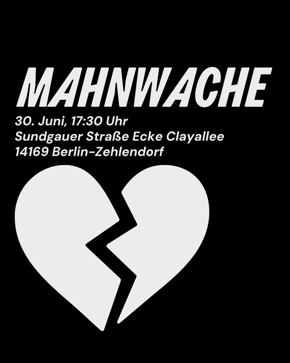 Am 30.6. gibt es um 17:30 Uhr wieder eine Mahnwache. Der tödliche Unfall ereignete sich an der Clayallee / Sundgauer Straße. Die Radwege dort sind unzumutbar.