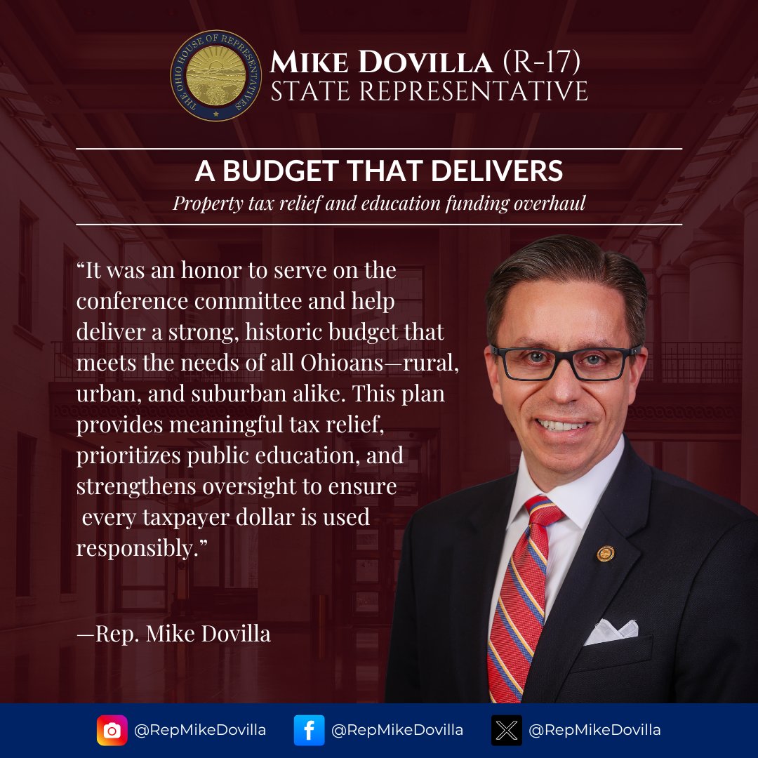 RepMikeDovilla's tweet image. Proud to vote for a budget that delivers tax relief, boosts school funding, and respects your tax dollars.
Honored to serve on the conference committee and help move Ohio forward.
#OhioBudget #TaxRelief #Education #Accountability