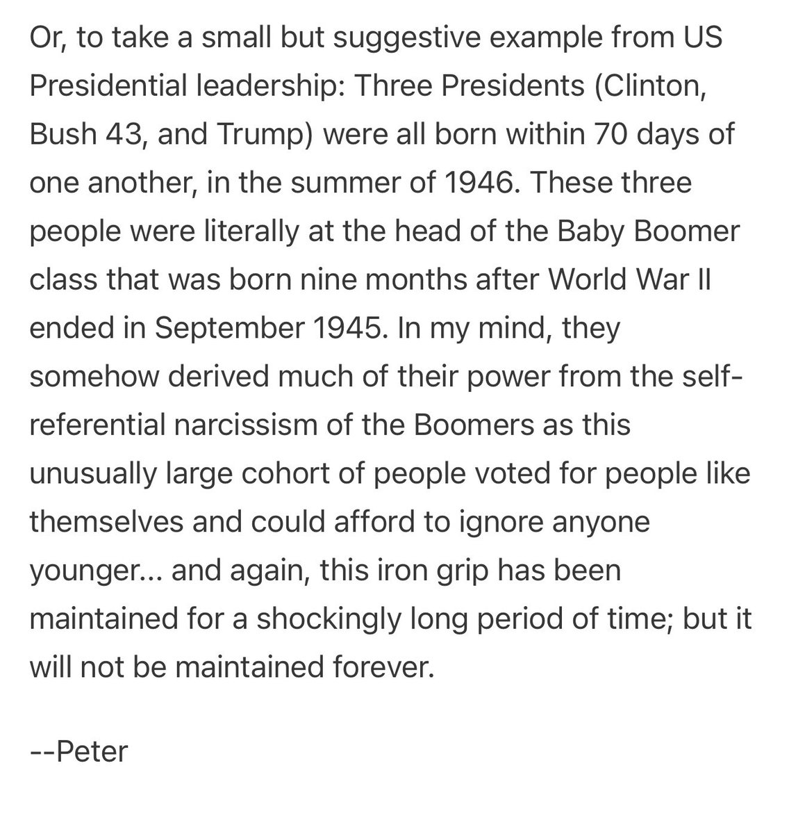 The full Thiel email to Zuck and team about millennials is much more nuanced and interesting. The original post that shared this here had many stupid comments in denial, but Peter Thiel didn't become a billionaire from being foolish. This is spot on!!