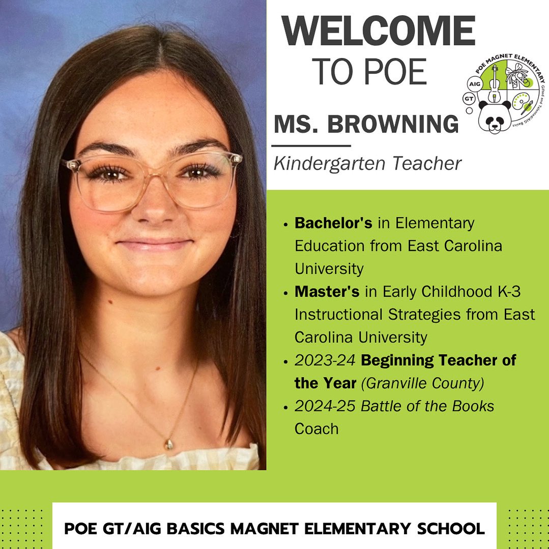 Join us in welcoming Ms. Browning to our kindergarten team! 
With a Bachelor’s in Elementary Education and a Master’s in Early Childhood K-3 Instructional Strategies from East Carolina University, she’s bringing passion and expertise to the classroom every day!