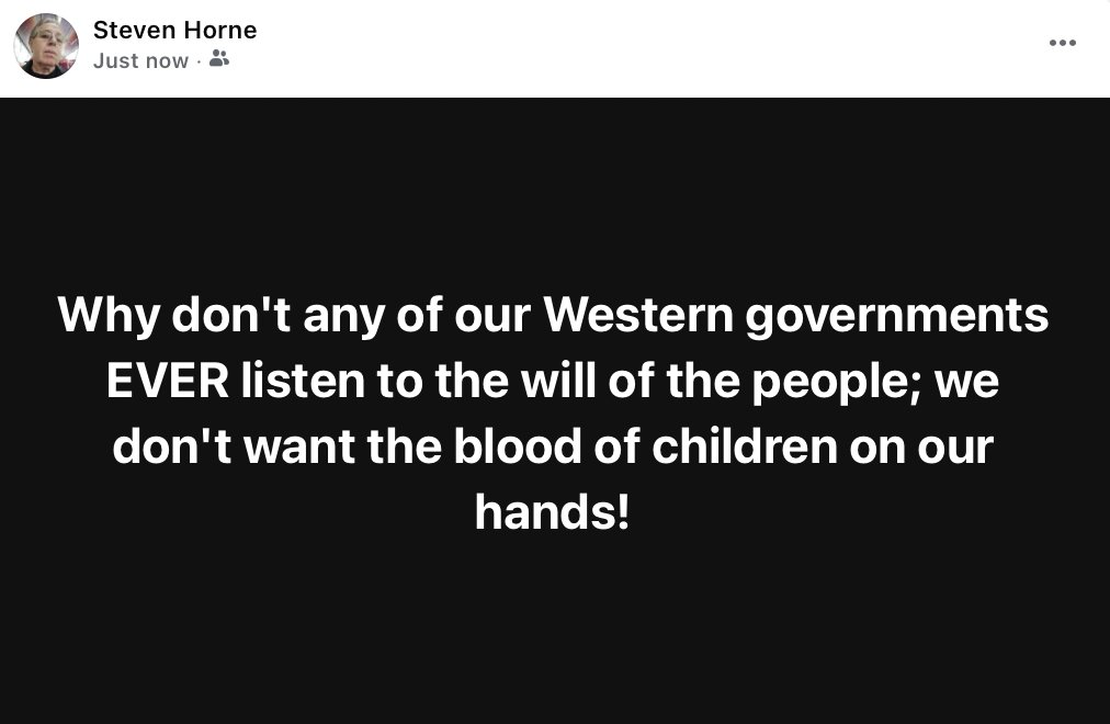 Why don't any of our Western governments EVER listen to the will of the people; we don't want the blood of children on our hands!
The majority in every Western nation, UK, European, EU nations, USA, Canada, Australia, the majority do not want to back Israel yet you all ignore us!
