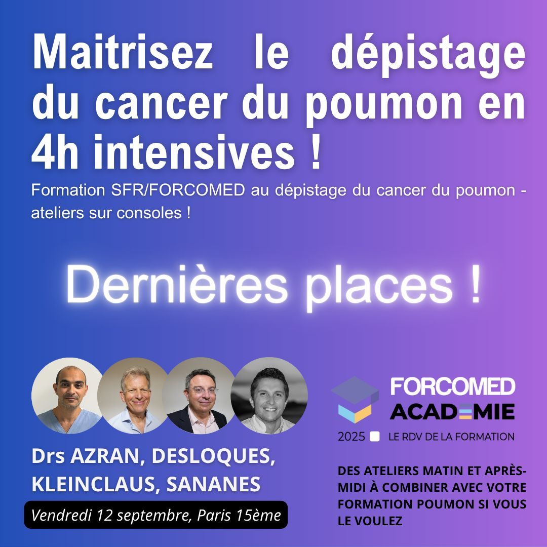 🌬️ Maîtrisez le dépistage des cancers du poumon en 4h intensives ! Rejoignez les Drs Azran, Desloques, Kleinclaus &amp; Sananes pour des ateliers sur consoles le 12 sept. 2025, Paris 15ème. Dernières places, inscrivez-vous ! bit.ly/Forcomed-Acade…