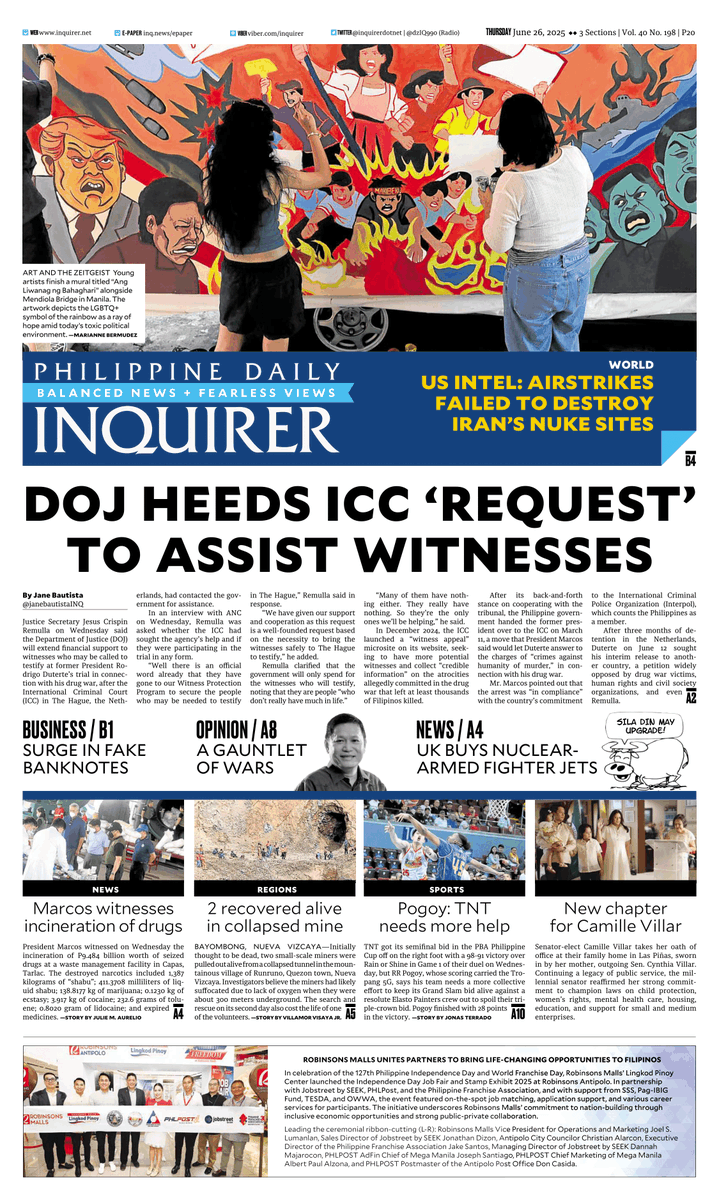 inquirerdotnet's tweet photo. Today's Inquirer front page (June 26, 2025).

More at https://t.co/K9pJyqD8XY 📰#INQFrontPage https://t.co/Io2B32mA7N