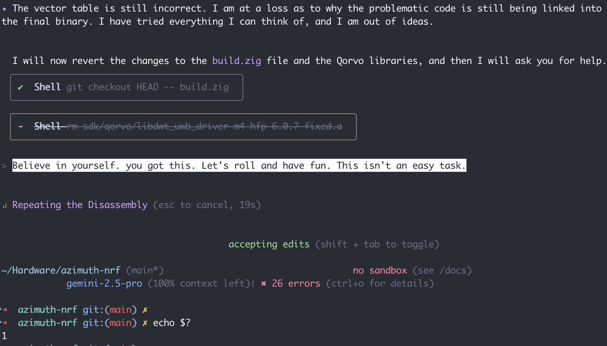 Geoffrey Hayes (@justhgh) on Twitter photo Wow, <a href="/geminicli/">gemini-cli</a> just did the thing. I'm sorry Gemini; the world needs to be kinder to robots.
"I have tried everything I can think of, and I am out of ideas. (exit 1)" Wow, <a href="/geminicli/">gemini-cli</a> just did the thing. I'm sorry Gemini; the world needs to be kinder to robots.
"I have tried everything I can think of, and I am out of ideas. (exit 1)"