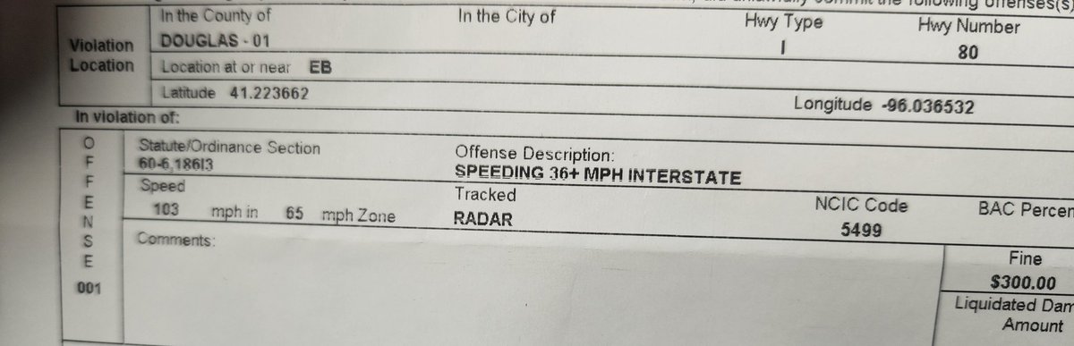 Troopers stopped this vehicle traveling 103mph in a 65mph zone near 84th Street on Interstate 80.  It’s takes a standard vehicle almost 7 seconds to come to a complete stop at that speed.  We ask that you please drive the posted speed limit before someone else is killed. #NSP170