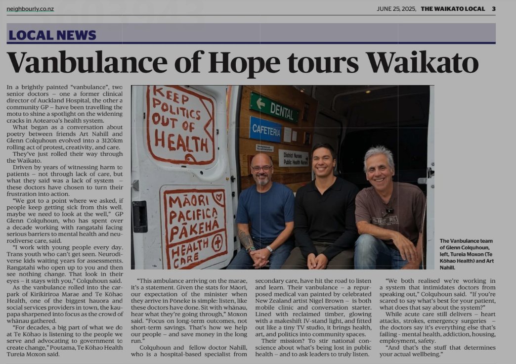 #TAUTOKO 
Last month the 'Vanbulance of Hope' rolled into Te Kōhao Health and Kirikiriroa Marae — bringing aroha, protest, and powerful truth.
Two doctors. One painted van. Thousands of kilometres. 
One kaupapa: listen to whānau and fix our broken health system.