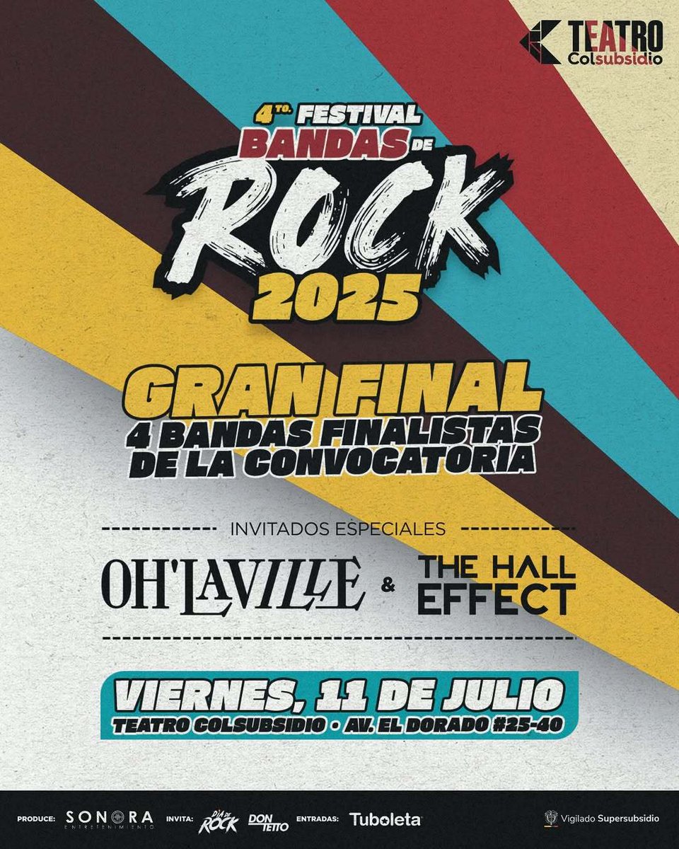 🎸 ¡El rock emergente se toma el Teatro Colsubsidio! 🤘 Esta noche vibra con las bandas finalistas del Festival de Bandas de Rock, tras superar retos y demostrar su talento. Y para cerrar, una banda icónica encenderá el escenario como solo el rock sabe hacerlo 🔥🎤 

📅 Fecha: 11